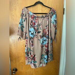 Beware! Brown and Tan off the shoulder floral Relaxed Blouse 1X